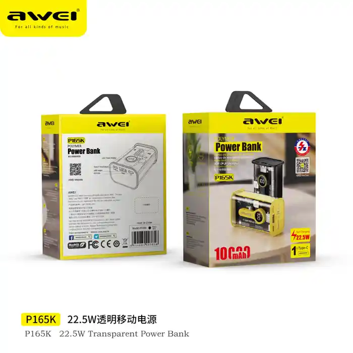 Awei P165K 22.5W 10000MAH Transparent PD Super Fast Power Bank Fast Charging Ultra Slim Power bank